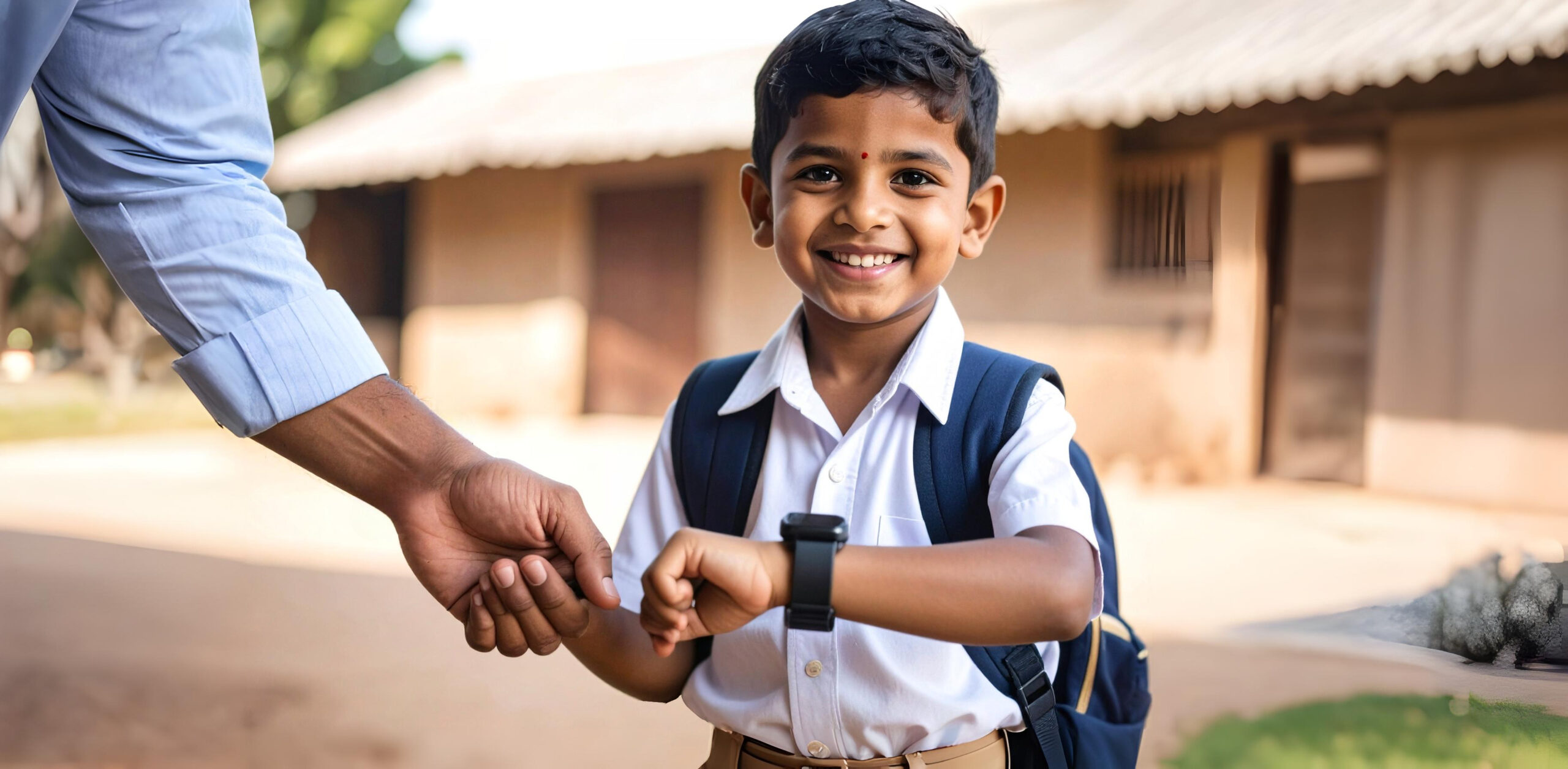 Firefly_Smiling poor indian child in school uniform with the smartwatch on his wrist, holding 291048 (2)jyj (1)